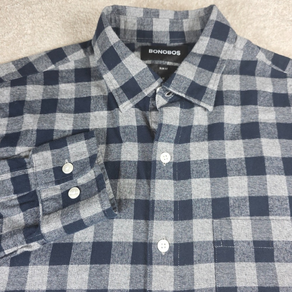 Bonobos Flannel Shirt Mens Medium Navy Grey Buffalo Check Slim Fit Button Down